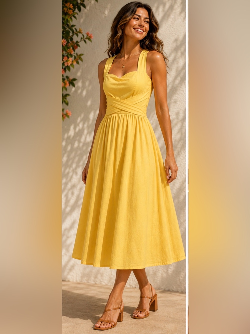 NWT Yellow MOTF Linen Blend Midi Dress Sweetheart Wrap Waist  Sz XS